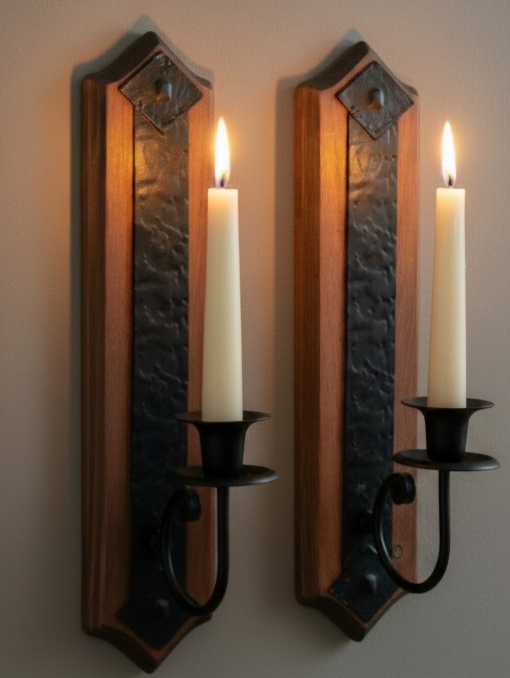 Vintage Spanish Gothic Revival Candle Wall Sconces Wood and Metal